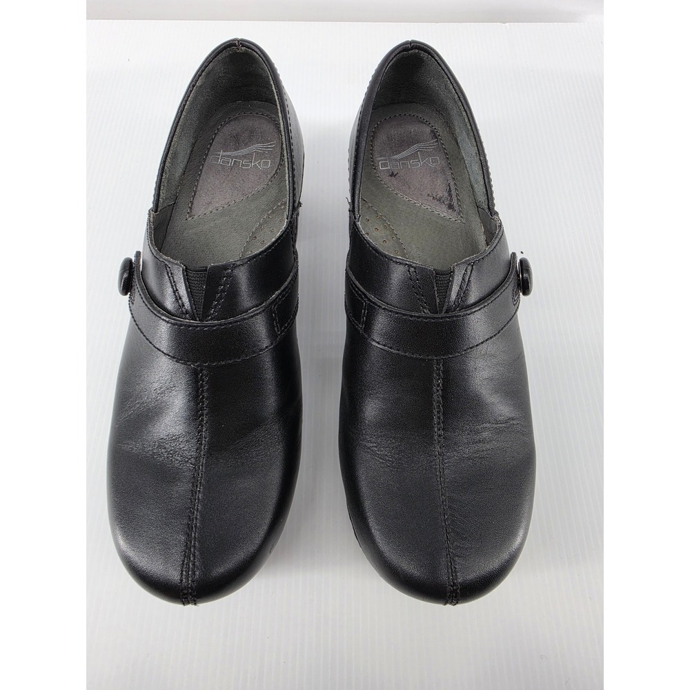 Dansko Womens Black Leather Block Heel Clogs Mary Jane Button Strap Size 38